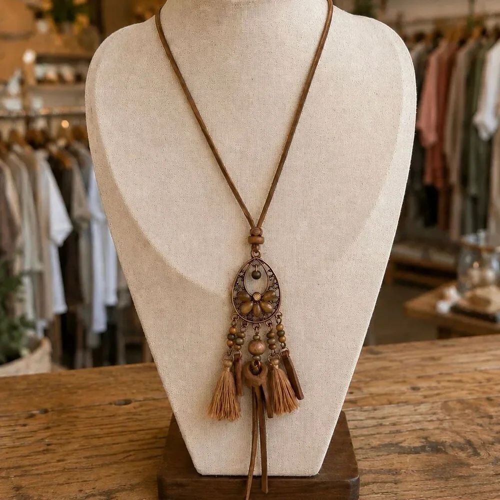 Earthy Pendant Necklace with Tassel. Beads & Copper Accents - Vintage Style
